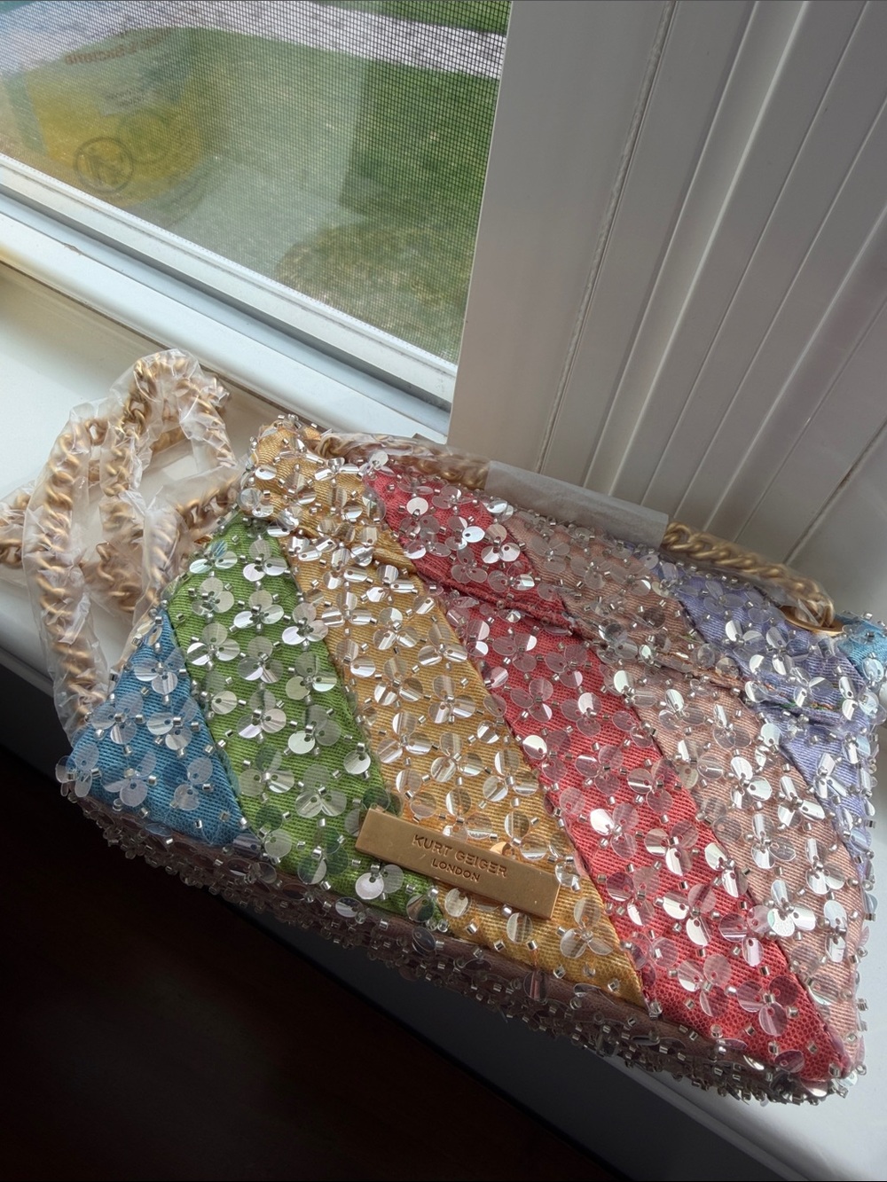Kurt Geiger Kensington Denim Sequin Bead Rainbow Convertible Crossbody - Picture 6 of 8
